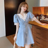 Party Japanese Sweet Mini Dress Women Patchwork Design Lace V-neck Party Dress Female Puff Sleeve Summer Office Lady Kawaii Dress