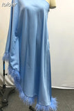 patchwork feathers dress for women Diagonal collar off one shoulder high waist loose Asymmetrical midi dress