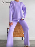 Women Casual Contrast Slit Sweater Suits O-Neck Knitted Pullover And Wide Leg Pants Female 2 Piece Set Elegant Warm Lilac