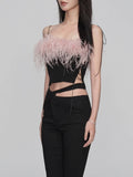 Sexy Patchwork Feathers Camis For Women Square Collar Sleeveless Slim Tank Tops Female Summer Clothing Style