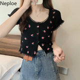 Knitted Cardigan Crop Top Women Summer 2023 Floral Lace Patchwork Shirt Single Breasted Cute T Shirts Short Sleeve