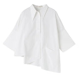 Women White Asymmetrical Big Size Blouse New Lapel Long Sleeve Loose Fit Shirt Fashion Tide Spring Autumn 2023