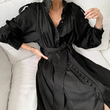 French Solid Turtleneck Luster Single-breasted Strap Waist Lantern Sleeve Long Dress for