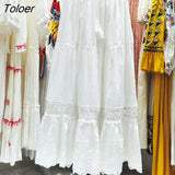 Boho Elegant White Long Skirt Women Hook Flower Hollow Folds Hem High-waisted Skirts Casual Holiday Female Clothes