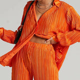 Women's Shirt Pleated Two Piece Set Loose High Waist Wide Leg Pants Suit 2022 Casual Elegant Office Ladies Female