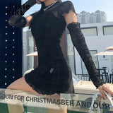 Black Mesh Plaid Dress 3 Piece Set Dark Academia Mall Goth Sexy Bodycon Mini Dress Egirl Style Clothes