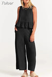 Summer Casual Sleeveless Pleated Pants Sets Wide-leg Loose Clothes 2 Piece Sets O Neck Trouser Suits Two Piece Set