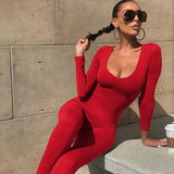 Skinny Yoga Jumpsuit Solid Color Long Sleeves Ribbed Bodysuit Casual Gym Fitness Running One Piece Overalls