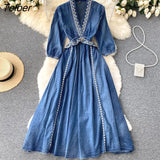 Vintage Embroidery Denim Maxi Dress Women Spring Lapel Pocket Lantern Sleeve Long Vestidos Belt Boho Beach Casual