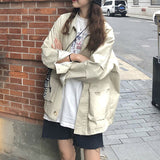 Korean Style Loose Cargo Jacket Women Streetwear Batwing Long Sleeve Pockets Coat Vintage Autumn Winter Casual