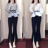 Sleeve Waistband Decorative Chiffon Shirt Casual Wide Leg Pants Two Piece Elegant Women's Pants Set Summer