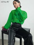 Green Ruffle Blouse Elegant Women Sheers Chiffon Shirts Lantern Sleeve Frill Top Chic Cascading Ruffle Blouse