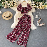 Women Autumn French Boho Floral Suits Square Collar Puff Sleeve Short Tops+High Waist Wide Leg Pants Two Pieces