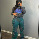 Women's Explosive Fashion Fashion Trend Multi-Pocket Tie Jeans High-Rise Straight