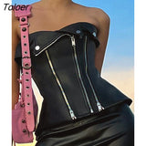 Punk Style Zip Up Corset Tops Black Leather PU Gothic Buttons Sleeveless Tube Tank Top Racing Moto & Biker Camis