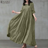 ZANZEA 2022 Vintage Summer Maxi Dress Women's Pleated Sundress Half Sleeve Long Vestidos Female Casual O Neck Robe