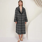 Women Vintage Plaid Woolen Long Coat With Pockets Double Breasted Fashion Overcoat Female Batwing Long Sleeve Wool