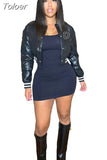 B PU Faux Leather Crop Bomber Coat Ladies Stand Collar Full Sleeve Baseball Jackets Streetwear Button Down Slim Fit