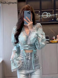 Tops Blouse Women Long Sleeve Drawstring Print Shirts V-neck Lace Ruffles Sexy Summer Blouses 2023 Blusas Mujer De