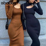 Knitted Women's Solid Slim Midi Dress 2022 Autumn Mock-neck Hollow Out Long Sleeve Dresses Ladies Sexy Elegant