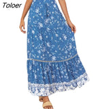 Boho Retro Floral Print Skirts Women 2023 Summer High Waist A-Line Pleated Long Skirts Casual Holiday Beach