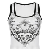 y2k Printed Tank Tops Cute White Knitted Crop Top Women Patched O Neck Sleeveless Basic Harajuku Summer Sweats
