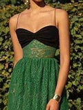 Fashion Women's Dress New Sleeveless Patchwork Contrast Color Lace Mid-calf Spaghetti Strap Dresses Summer 2023