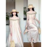 Atmosphere Feeling A Word Shoulder Pink Dress Women's Seaside Vacation High-End Fairy