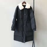 New women's winter down jacket faux rabbit fur collar long drawstring slim zipper ladies chic coat loose oversize outwear
