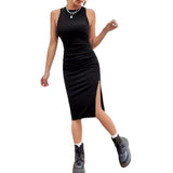 Toloer Women's Wear Summer 2024 New Round Collar Sleeveless Fanny Pack Hip Slit Dress Children-Outfit