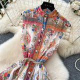 Style Niche Elegant Sleeveless Single Buckle Print Roll Dress Women Fashion Thin