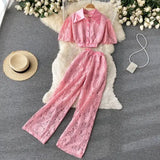 Women Lace Two Piece Set Spring Summer Elegant Turn-Down Collar Single Breasted Short Tops + High Waist Wide Leg Pants Suits