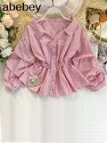 Vintage Shirt Women's V Neck Long Sleeve Striped Short Tops Casual Blouses Korean Fashion Clothing