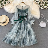 Sexy Mesh Printed Dress Women Spring Autumn Round Neck Puff Long Sleeve Ink Pattern A-Line Big Swing Vestidos Female 2022