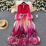 Elegant Dress Women Fashion Nail Ball Collar Hollow Pressure Folding Lantern Sleeves To Print Long