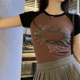 Vintage Heart Print Crop Top Sexy Tee Girl Short Sleeve Patchwork Gothic Fashion Casual Skinny Tee Streetwear