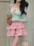 Skirt Outfits Summer Fashion 2 Piece Set Women Clothing Patchwork Crop Tops Lace Ruffles Mini Skirts Suit Korean Cute