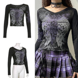 Rockmore Vintage Print T-shirt Women Aesthetic Long Sleeve Crop Top Autumn E Girl Casual Basic Tee Shirt 90s Grunge