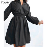 Elegant Black Mini Dress Lantern Sleeve Pleated Autumn Turn Down Collar Shirt Dress Casual Solid Bodycon Dresses For