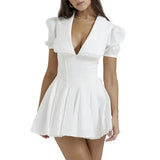 Fairycore Grunge Dress Women Short Sleeve Doll Collar Lace Patchwork Pleated Mini Dress with Big Bow Summer Party