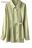 Fashion Women's Shirt Lapel Lace Up Waist Retraction Single Braested Long Sleeve Solid Color Blouse Summer 2023 New