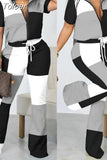 Neck Short Sleeve Top Women Two Piece Suits Lace Up Straight Long Pants Sets Print Tight High Waist Office Lady 2023