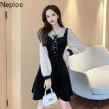 Vintage Velvet Black Dress Stand Neck Lantern Sleeve Party Robe High Waist Slim Vestidos Korean Elegant Dresses