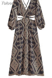 MODA 2023 Summer Women Vintage Embroidery Cut Out Midi Dress Ladies V Neck Sleeve Backless Dress Female Fashion