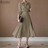 Pleated Fashion Elegant Work OL Party Casual Vestidos Shirtdress Vintage Dresses ZANZEA Women Spring Sleeved A-line Lapel