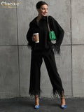 Causal White Home Suit Women Spring Elegant Loose Shirt Two Piece Pants Set Female Fashion Feather Spliced Trouser