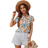 Chiffon Stand Collar Printed Short Sleeve