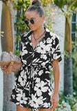 Printed Casual Turn-down Collar Short Sleeves Floral Print Belted Loose