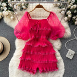 Pleated Design Splice Ruffled Jumpsuit Women Mesh Solid Square Neck Backless Zipper Ladies Chiffon Casual
