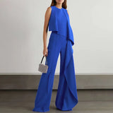 Summer Asymmetrical Jumpsuits O-neck Fashion Sleeveless Women Wide Leg Pant Overalls Ruffles Holiday Casual Long